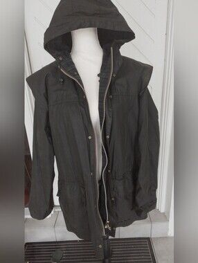 Barbour VTG Durham Waxed Jacket W/Hood. Unisex W XL, Men M/L. Dark Green/Black.